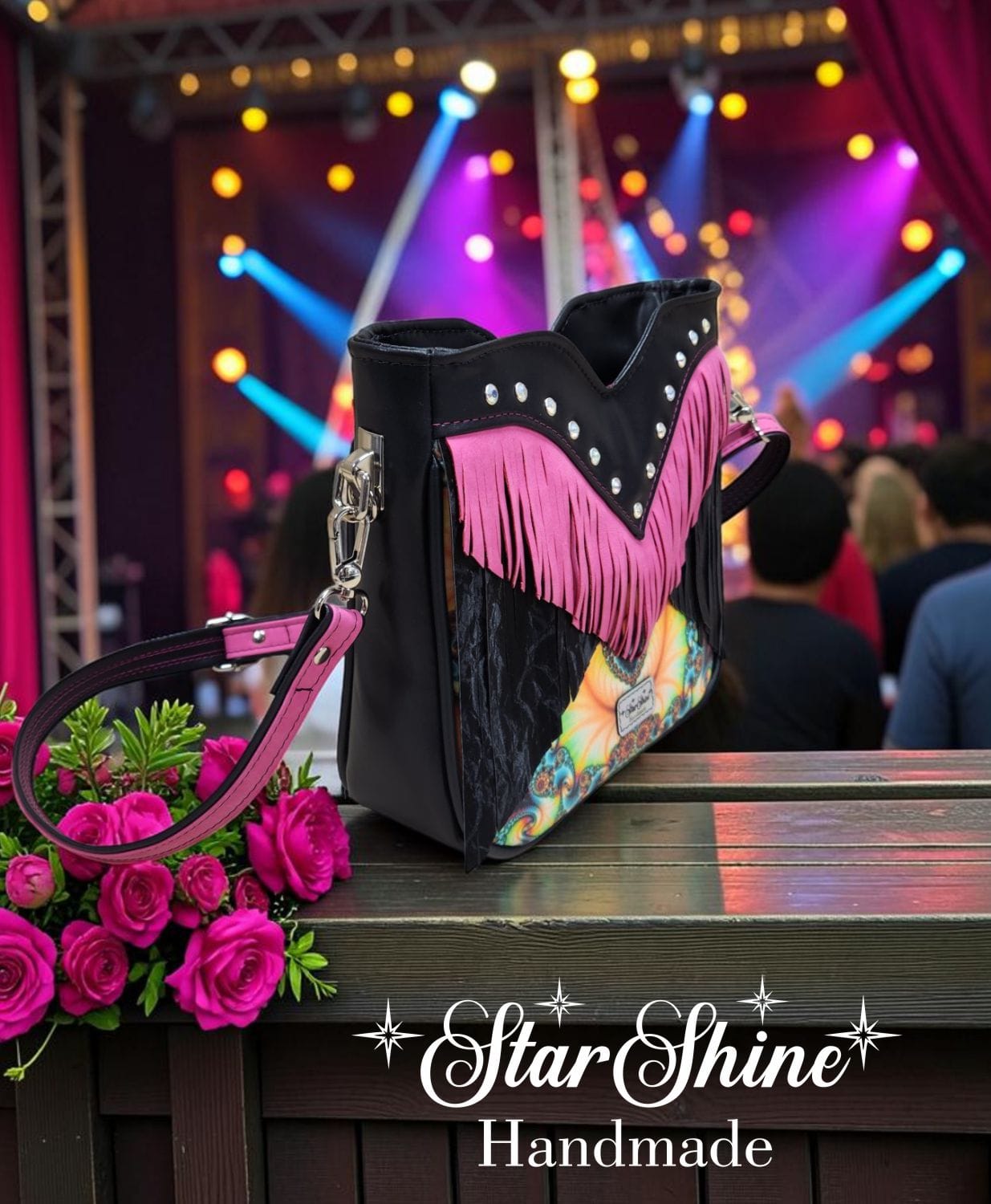 Colorful Fringe Bag. Front Side View.