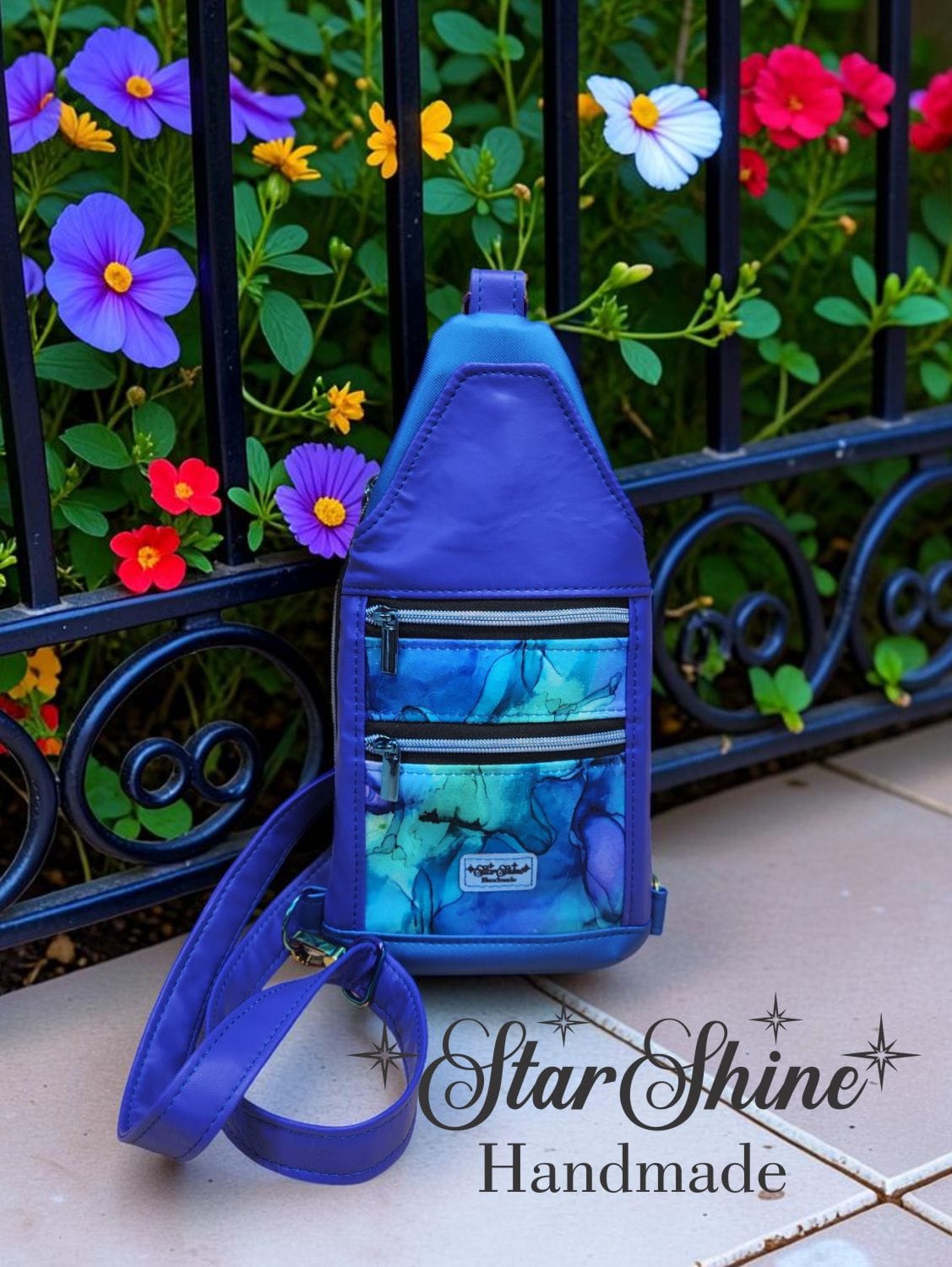 Purple and Blue Faux Leather Slim Sling. Front View.