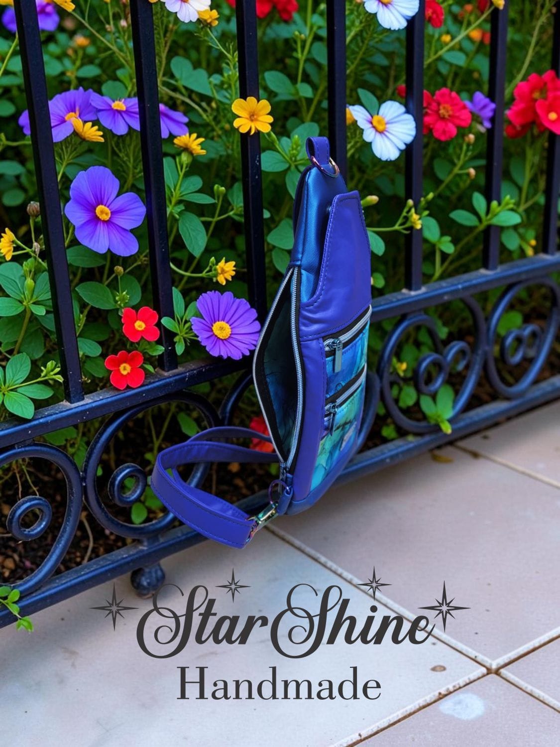Purple and Blue Faux Leather Slim Sling. Side View.