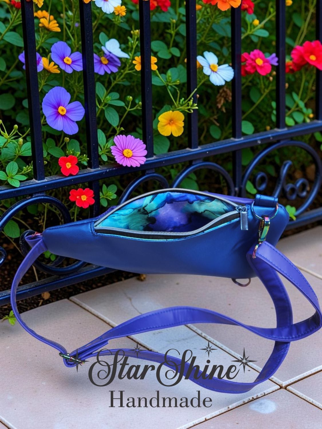 Purple and Blue Faux Leather Slim Sling. Interior pocket view.