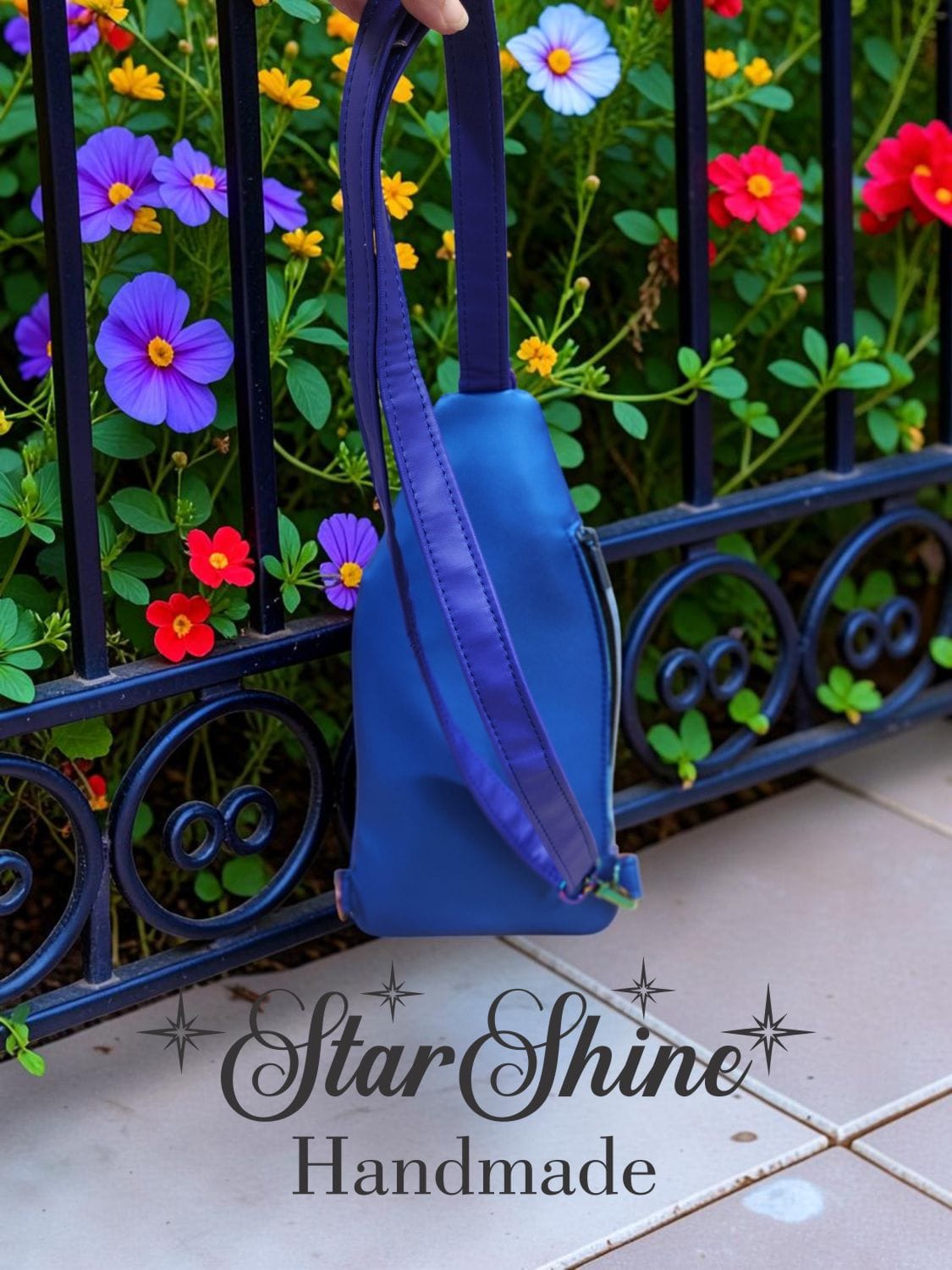 Purple and Blue Faux Leather Slim Sling. Rear View.