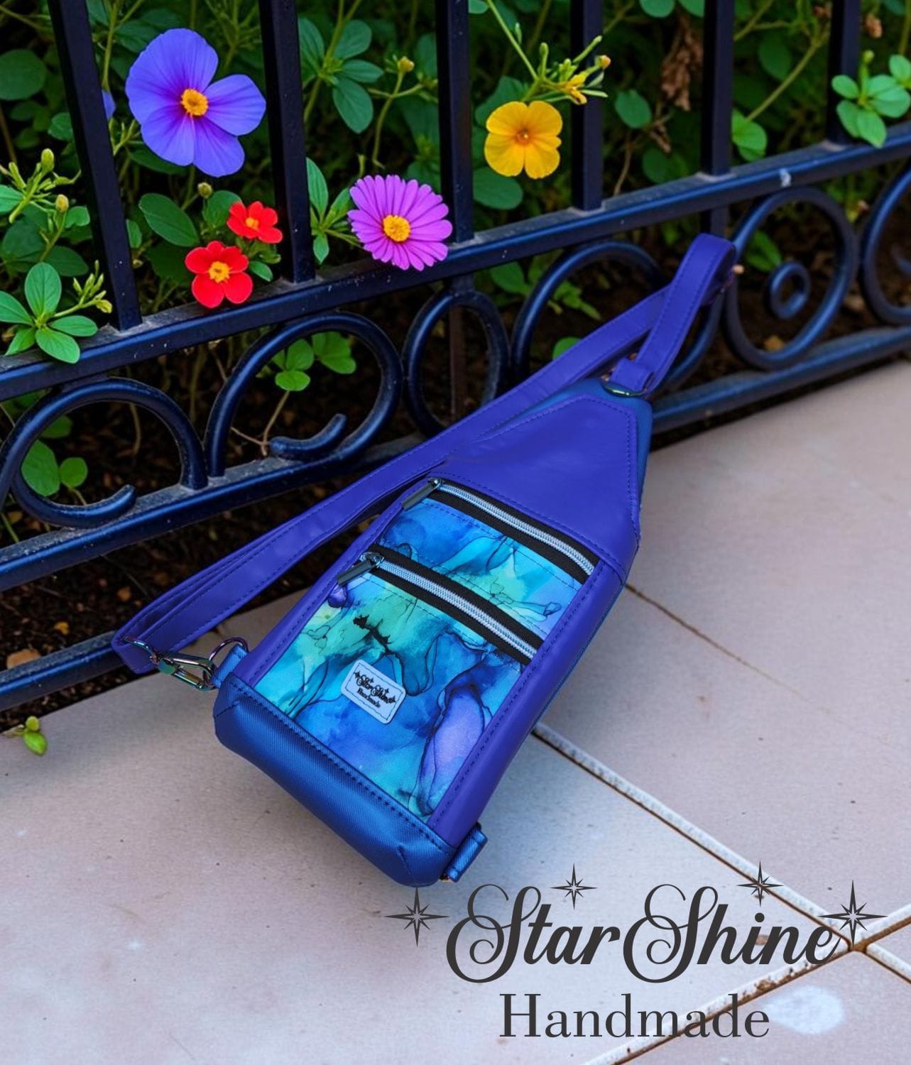 Purple and Blue Faux Leather Slim Sling. Bottom View.