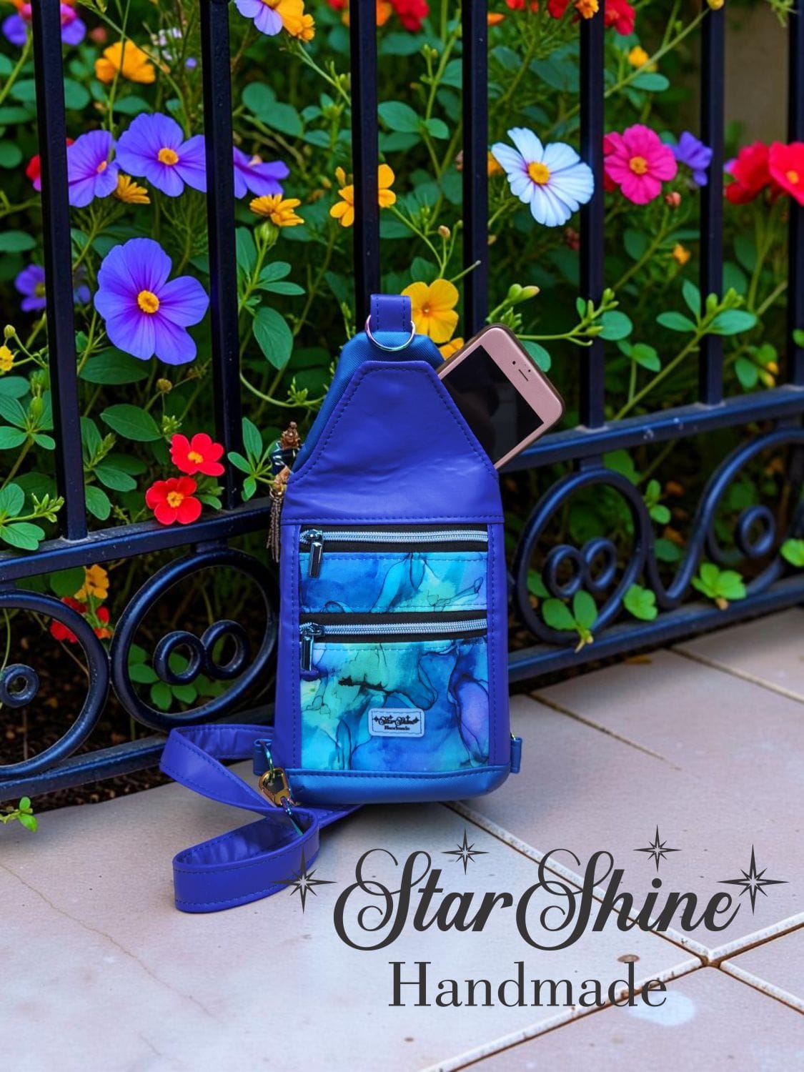 Purple and Blue Faux Leather Slim Sling. Front View.