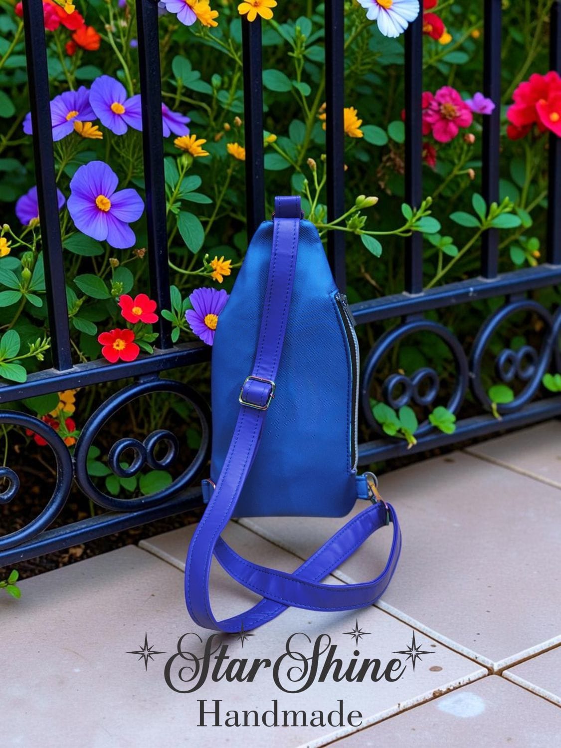 Purple and Blue Faux Leather Slim Sling. Rear View.