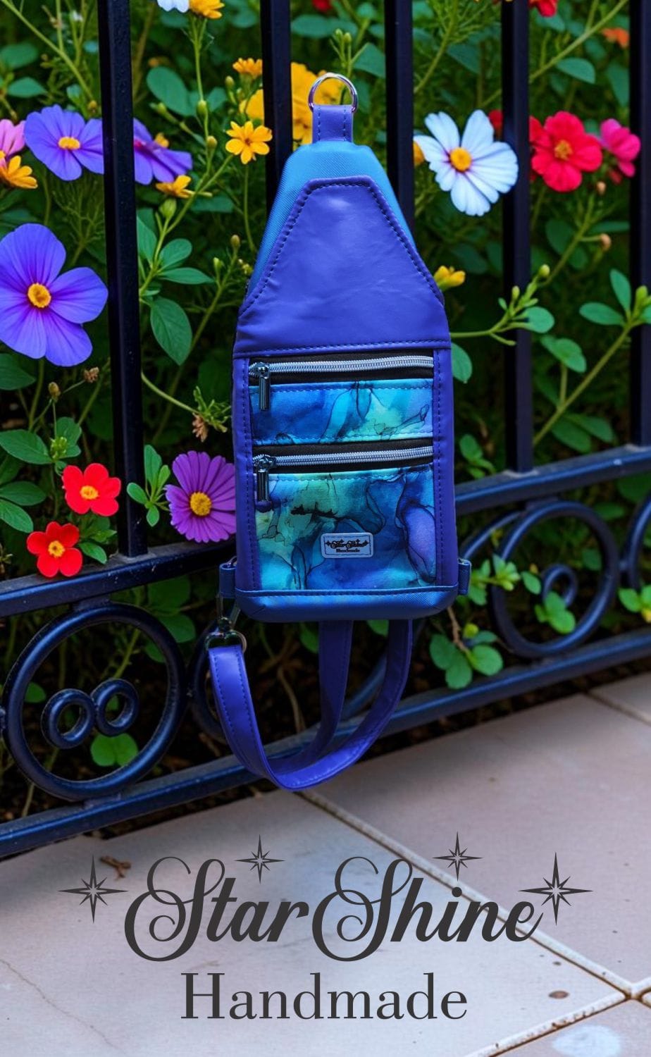 Purple and Blue Faux Leather Slim Sling. Front View.