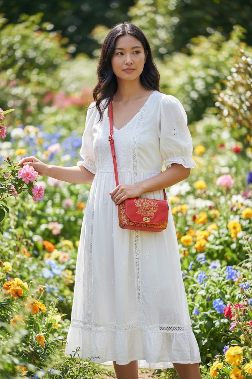 Coral and Rose Batik. Model Wearing Bag.