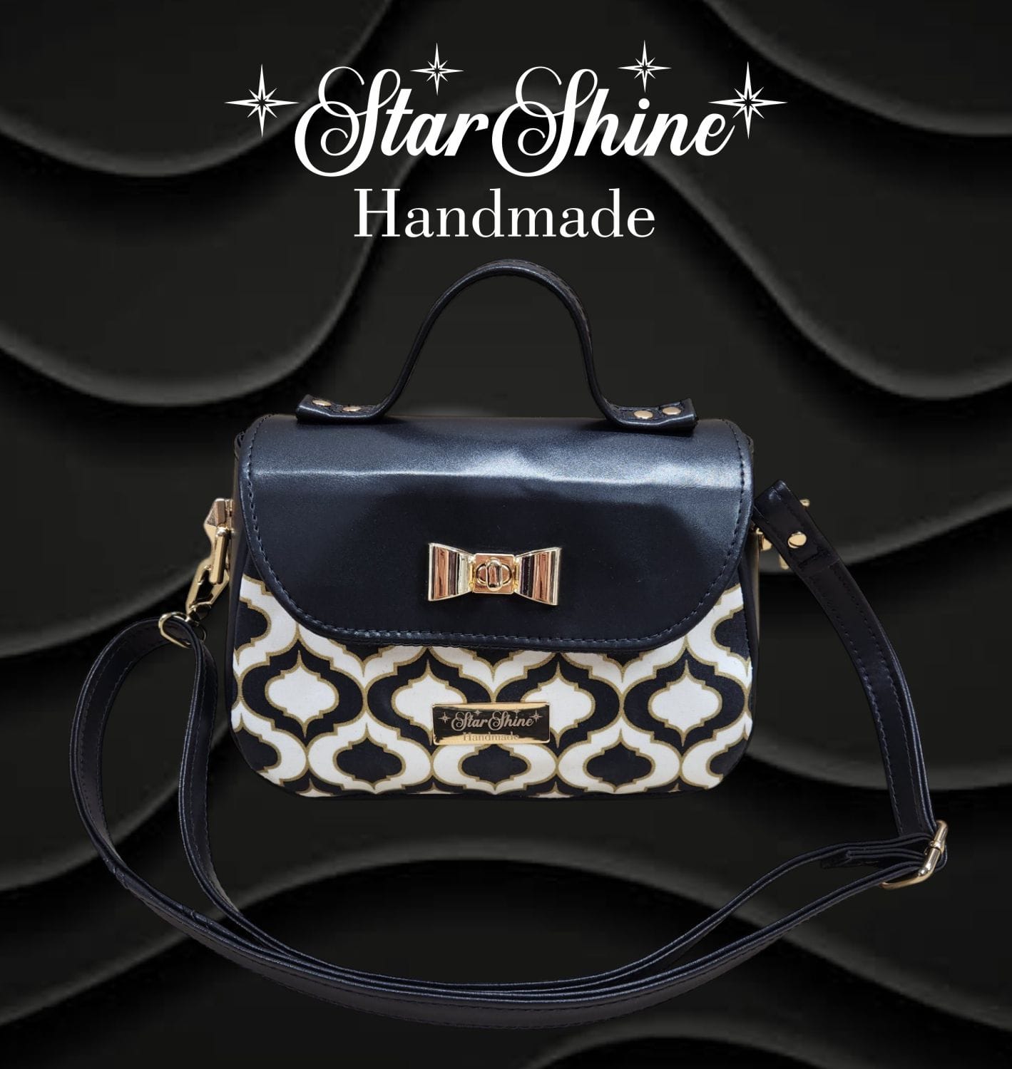 Black and Gold Mabel Crossbody. Front View.