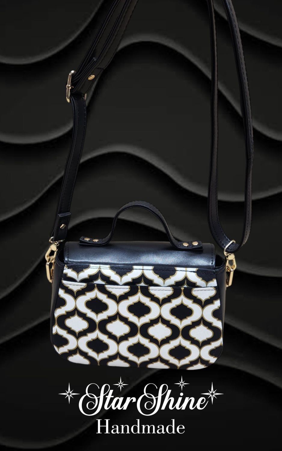 Black and Gold Mabel Crossbody. Rear View.