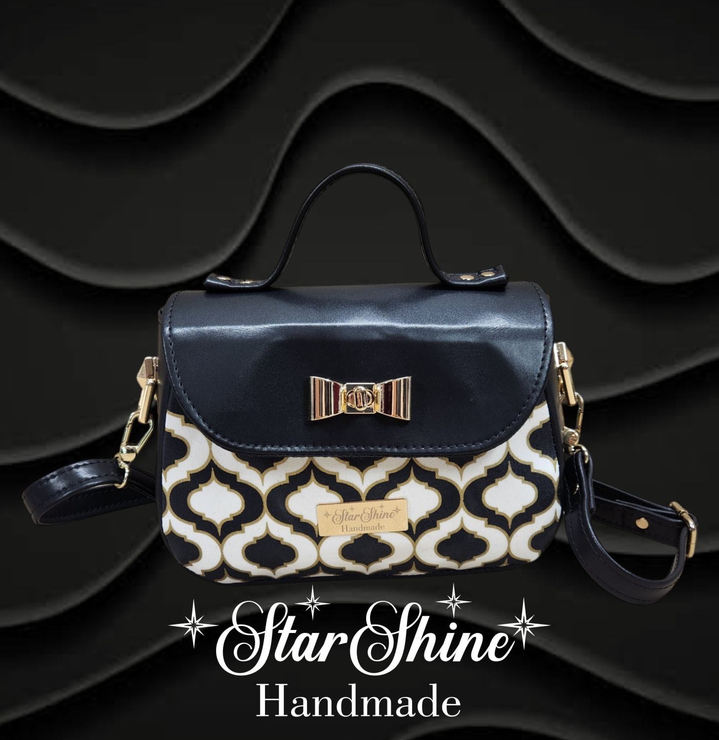 Black and Gold Mabel Crossbody. Front View.