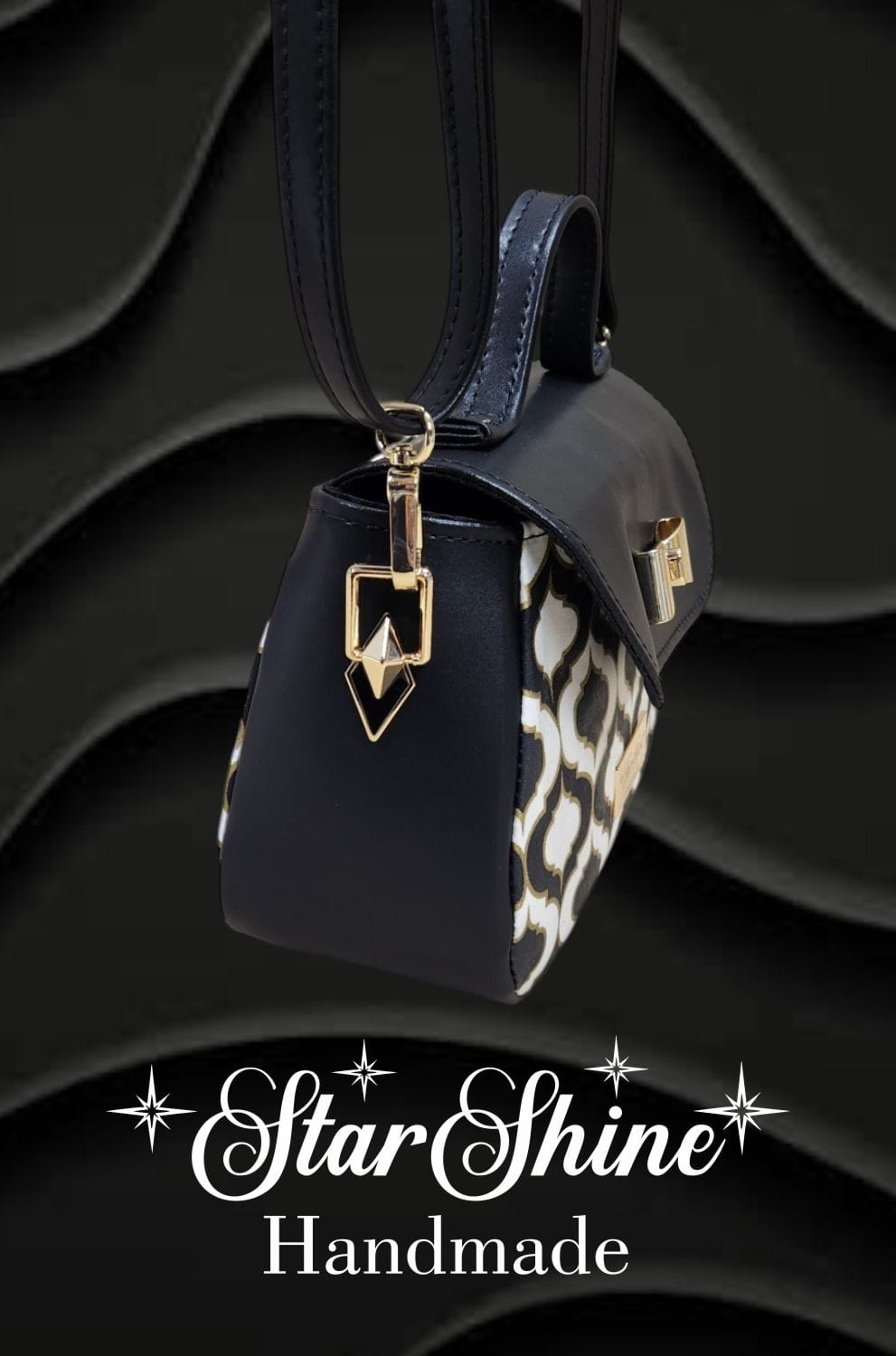 Black and Gold Mabel Crossbody. Side View.