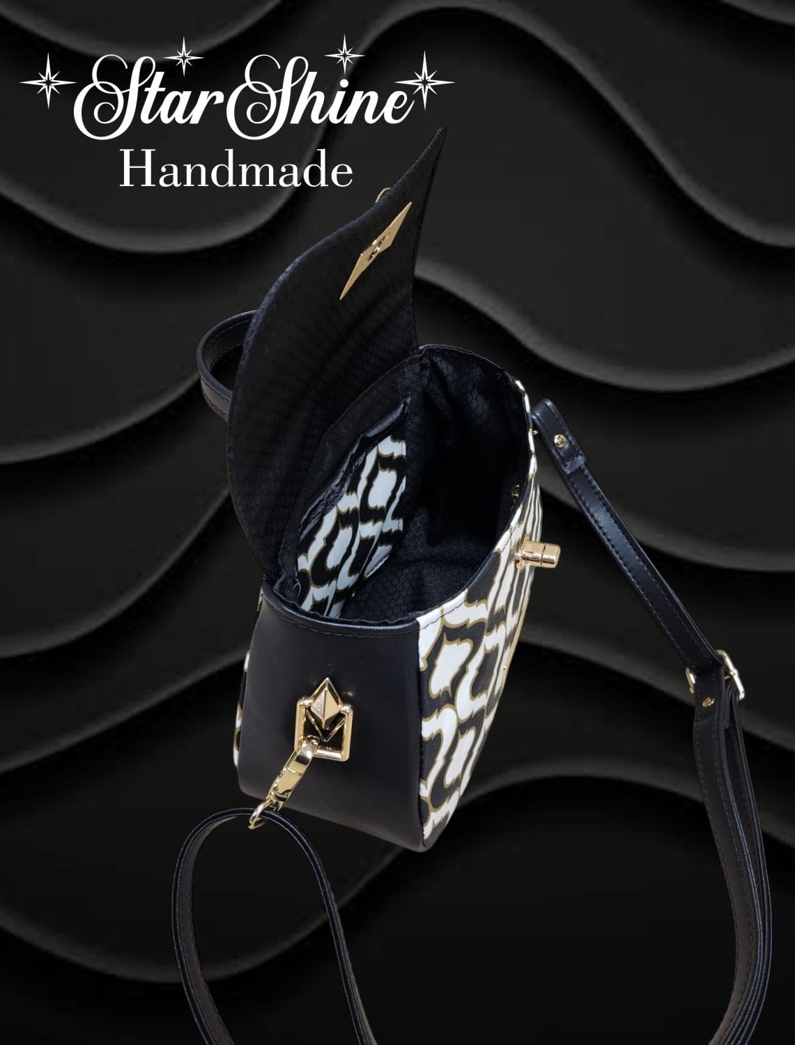 Black and Gold Mabel Crossbody. Top/Interior View.