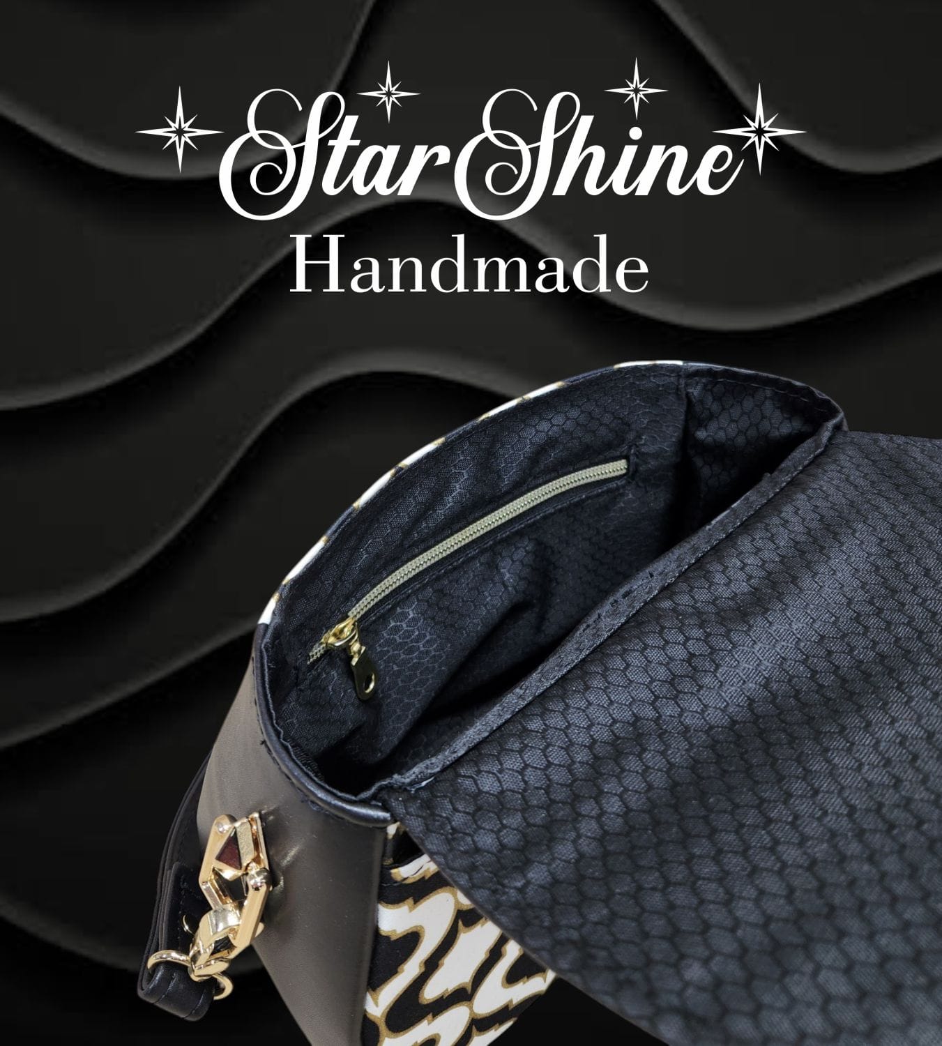 Black and Gold Mabel Crossbody. Top/Interior View.