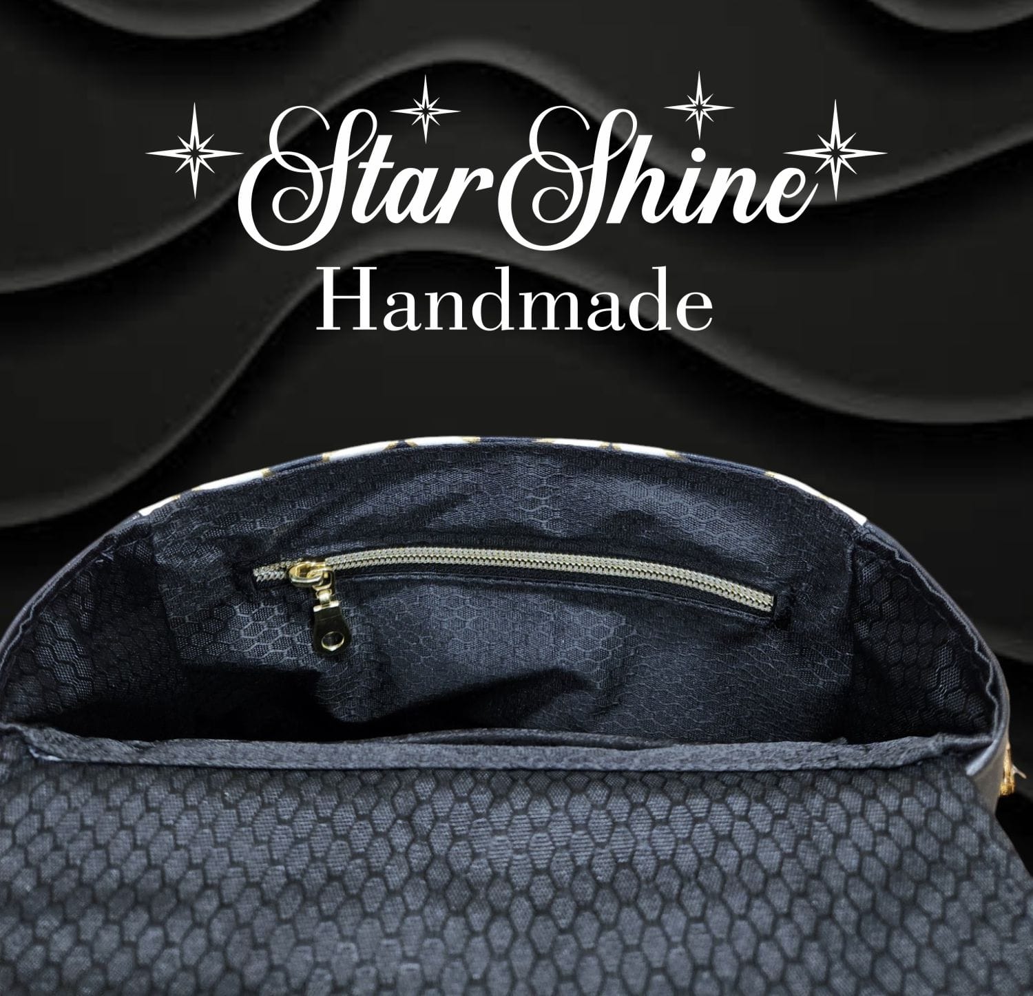 Black and Gold Mabel Crossbody. Flap Open Showing Interior View.