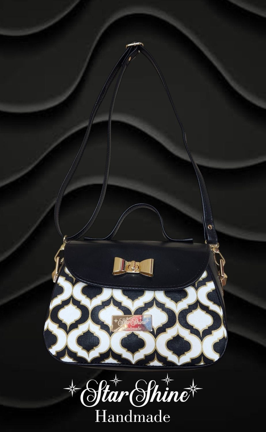 Black and Gold Mabel Crossbody. Front View.