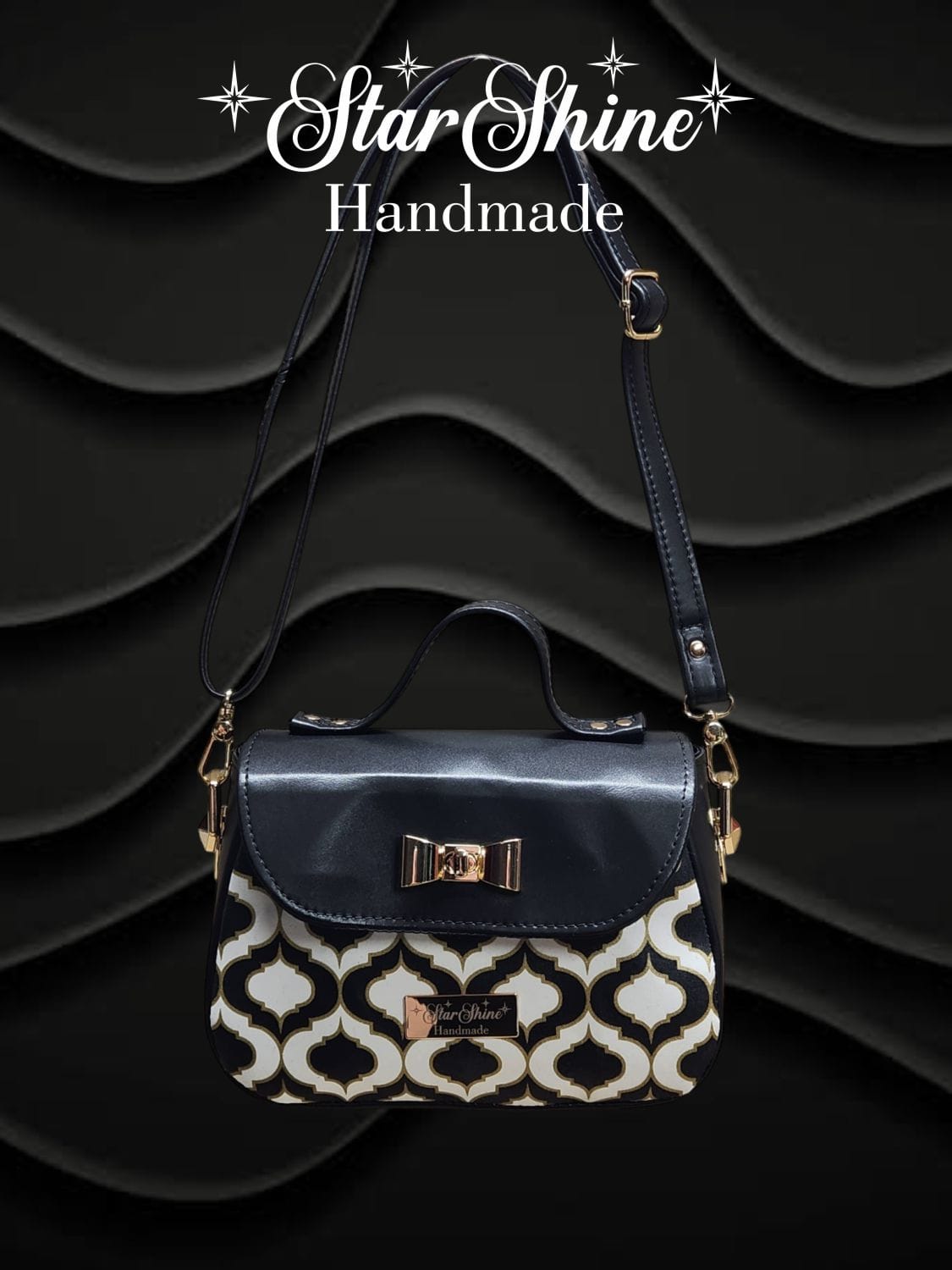 Black and Gold Mabel Crossbody. Front View.