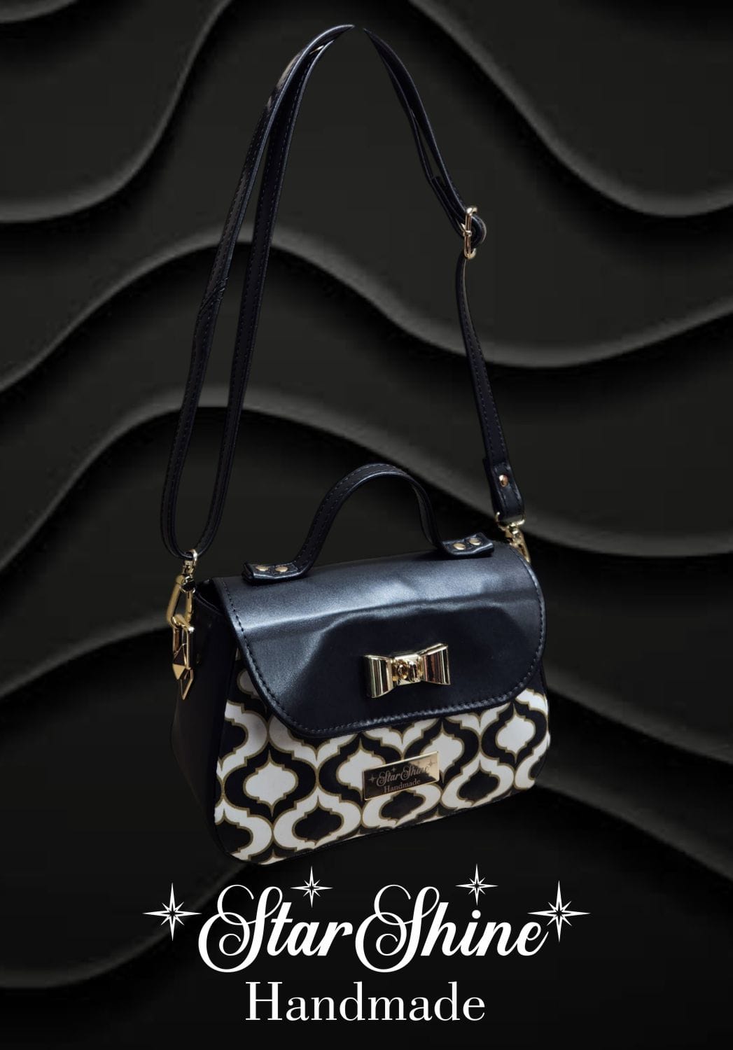 Black and Gold Mabel Crossbody. Front/Side View.