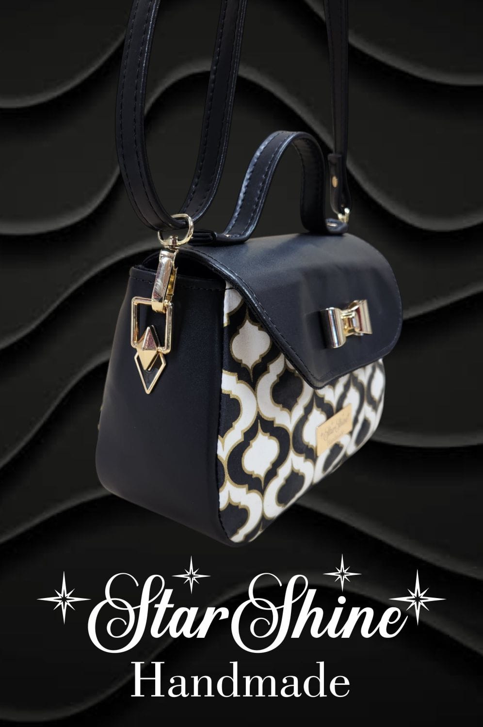 Black and Gold Mabel Crossbody. Side View.