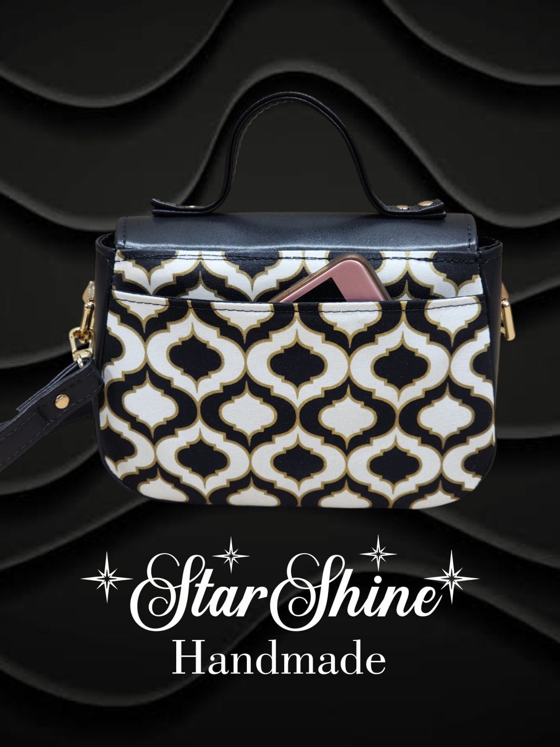 Black and Gold Mabel Crossbody. Rear View.