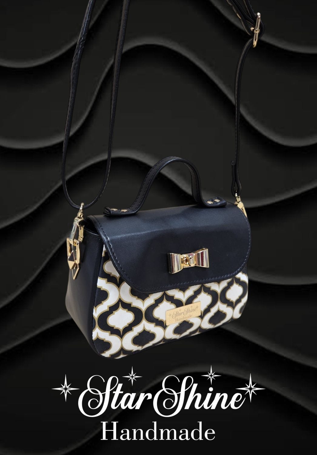 Black and Gold Mabel Crossbody. Front/Side View.