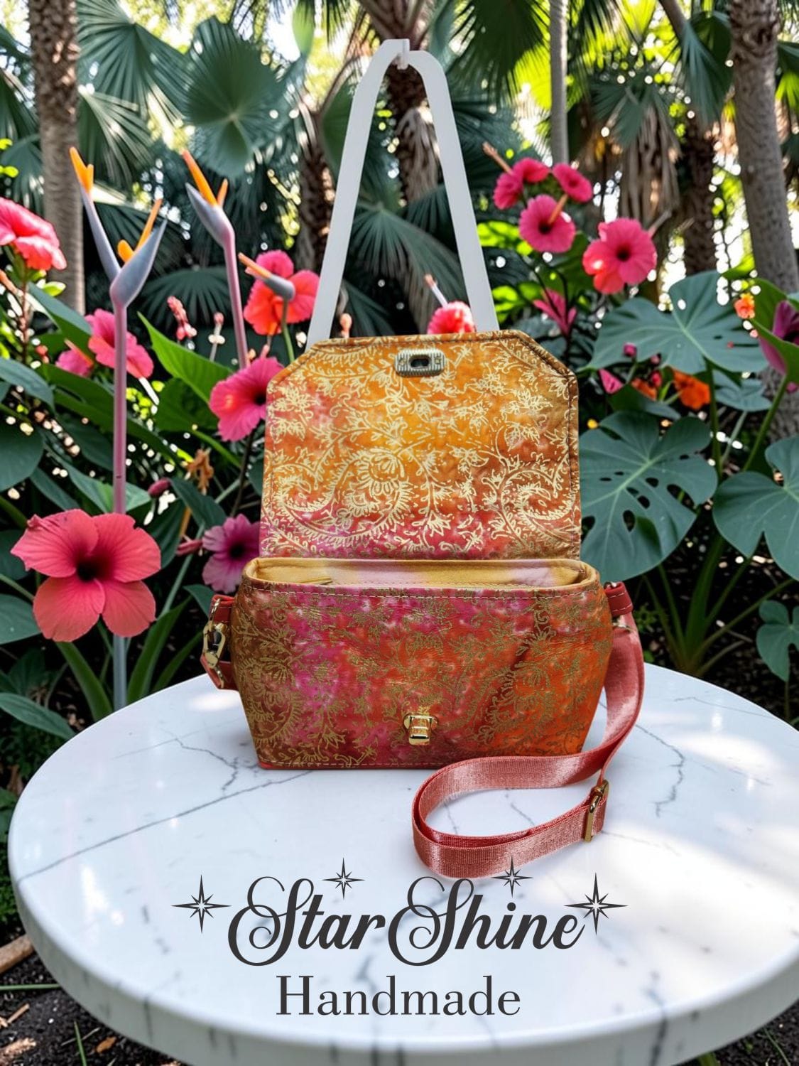 Coral and Rose Batik. Front View. Flap Open.