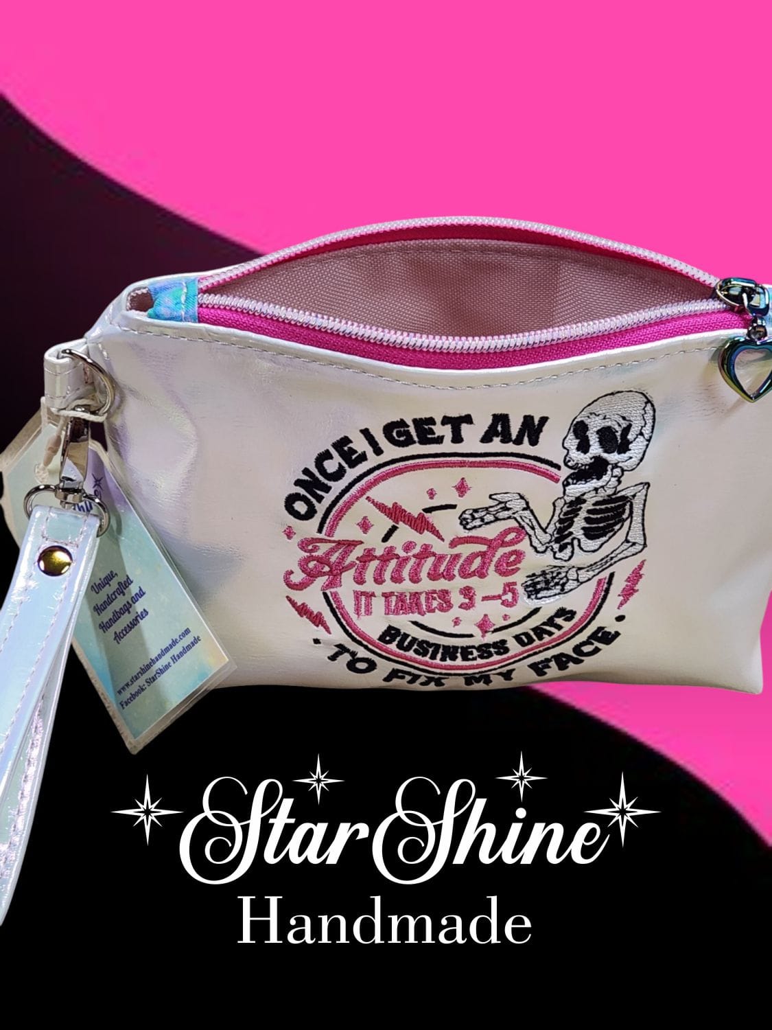 Iridescent Sarcastic Wristlet. Front View with pocket open.