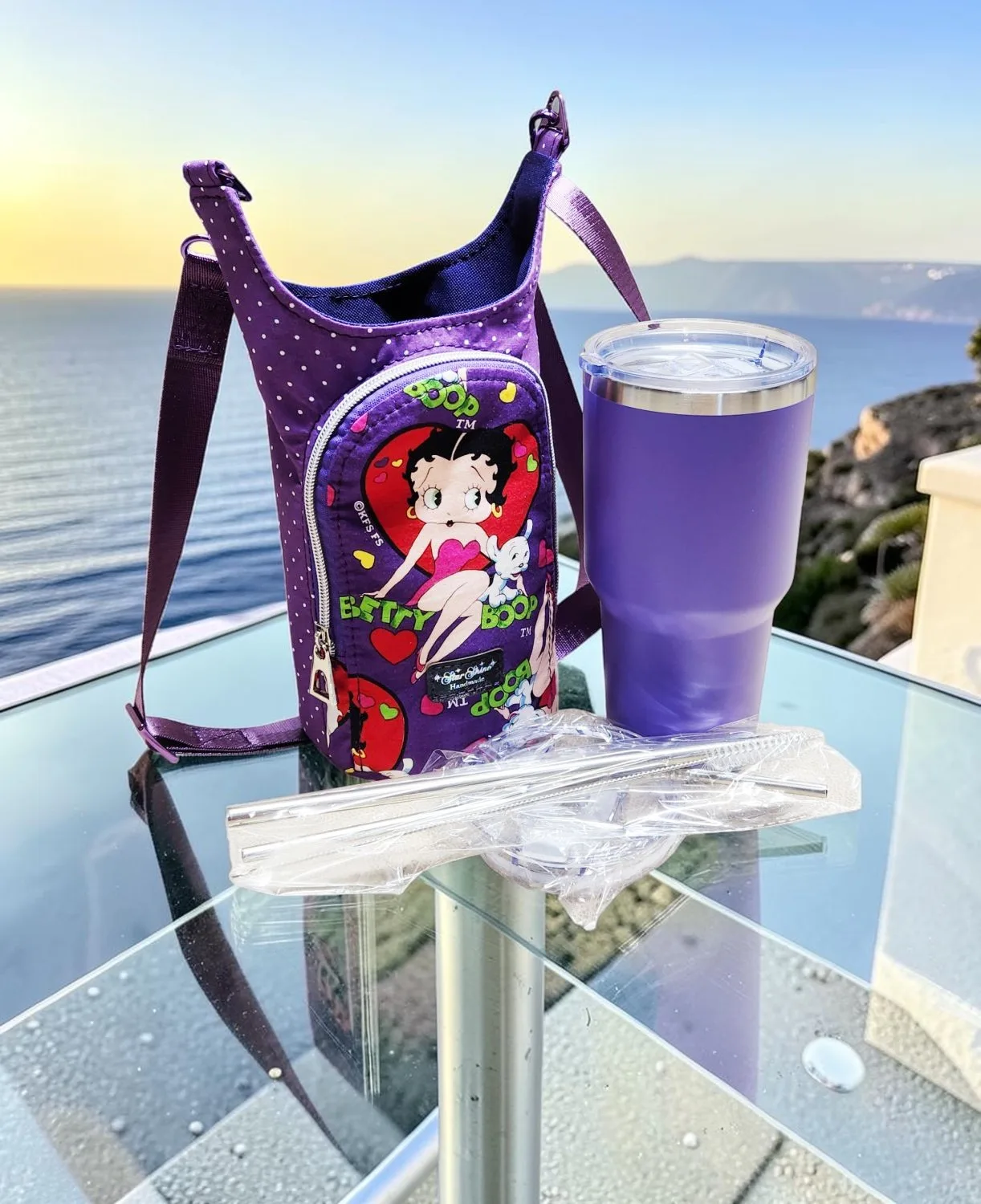 Iconic Betty Boop Water Bottle Bag. Front view with included water bottle.