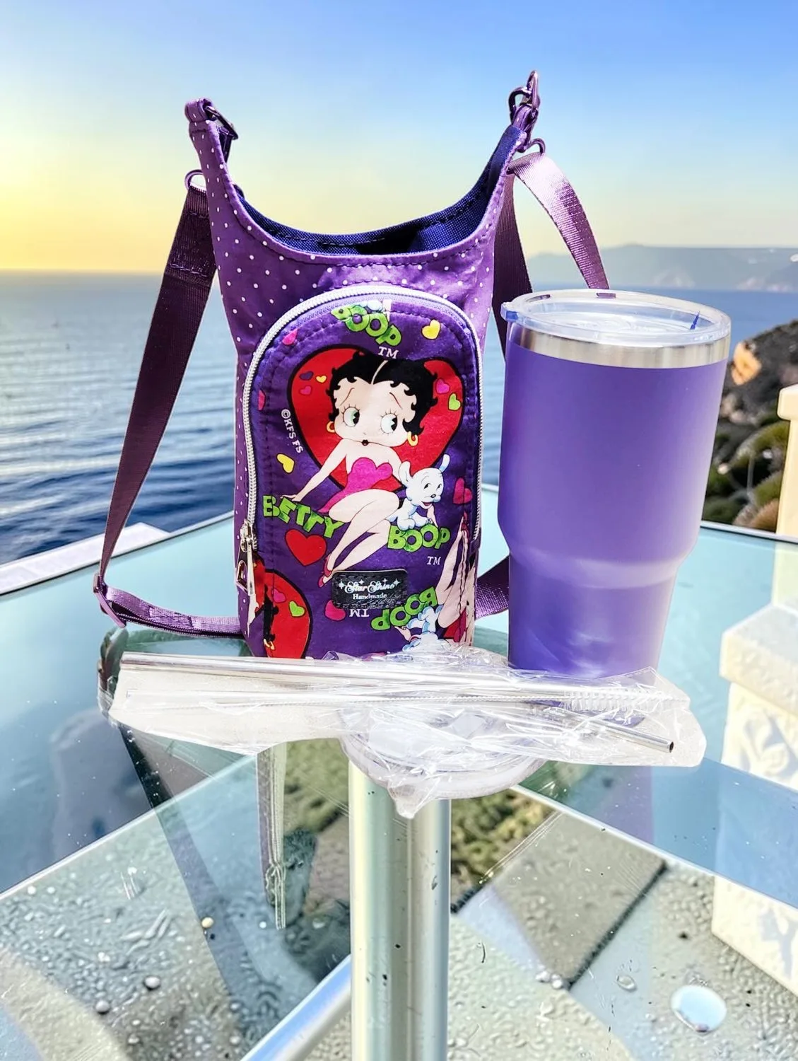 Iconic Betty Boop Water Bottle Bag. Front view with included water bottle.