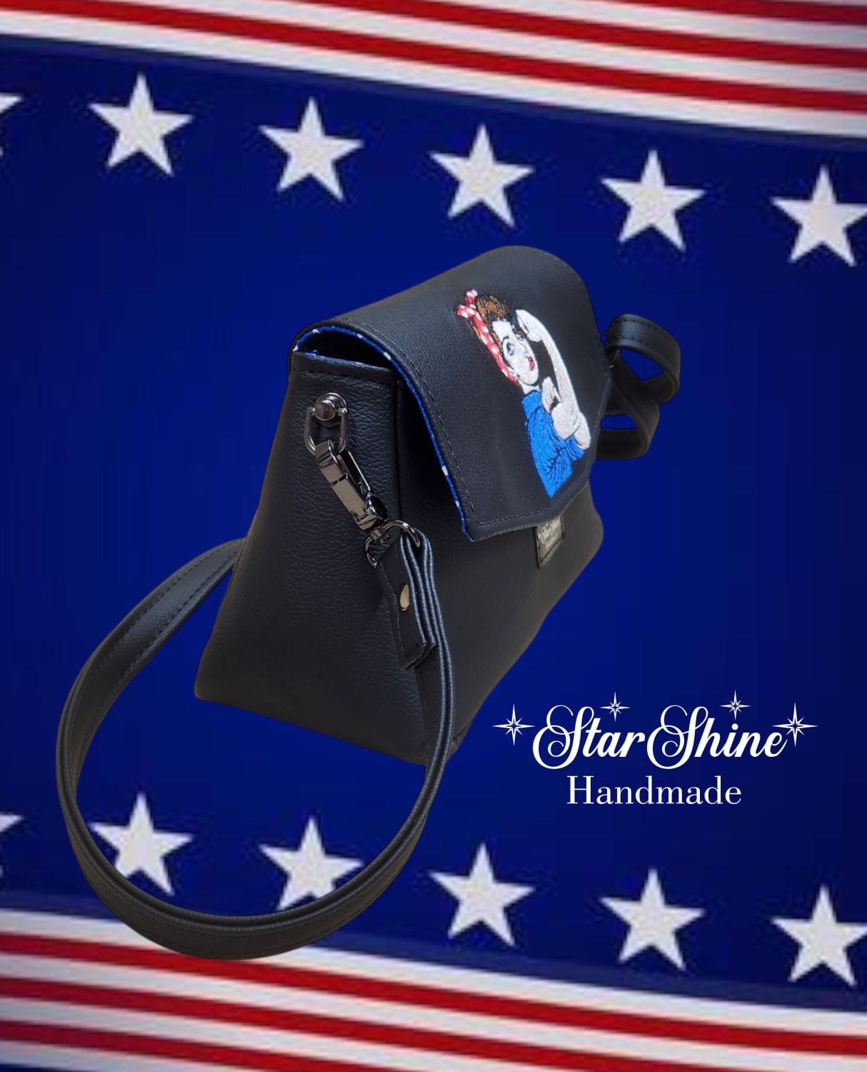 Rosie Riveter Crossbody. Side View.