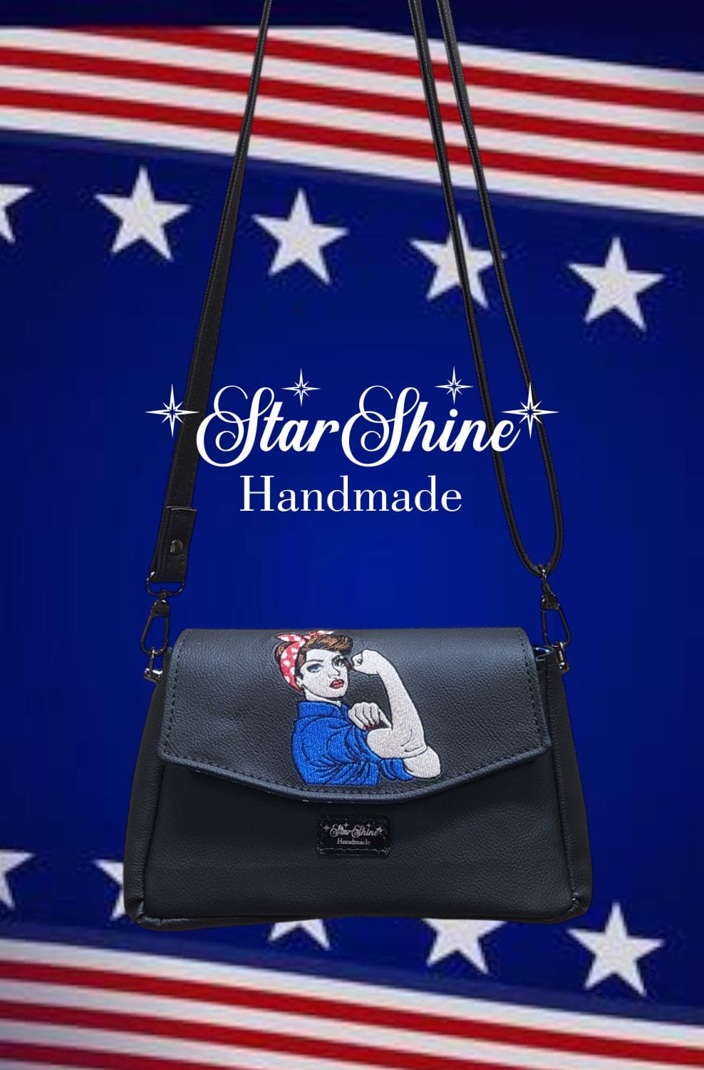 Rosie Riveter Crossbody. Front View.