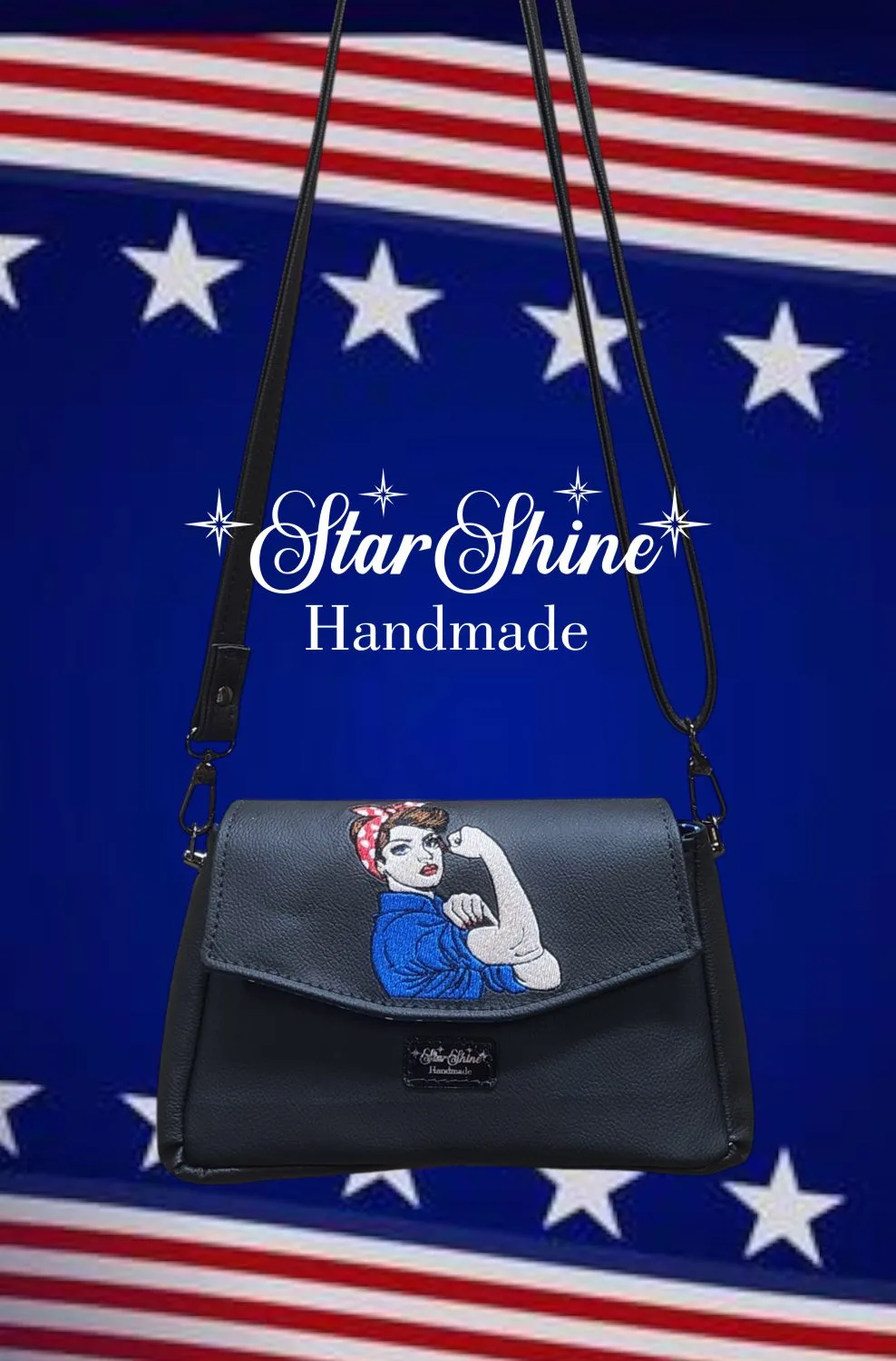 Rosie Riveter Crossbody. Front View.