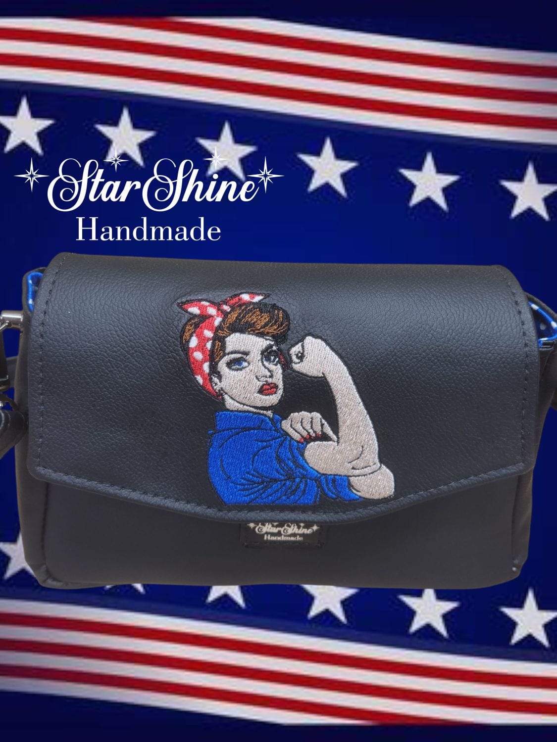 Rosie Riveter Crossbody. Front View Showing Embroidery Detail.