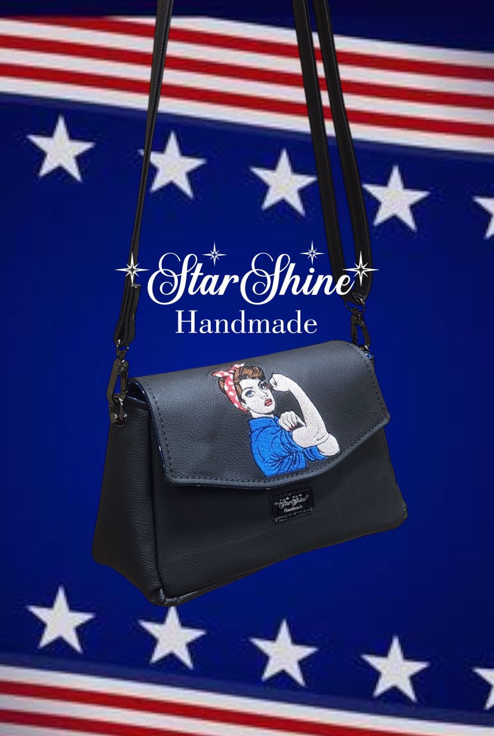 Rosie Riveter Crossbody. Front View.