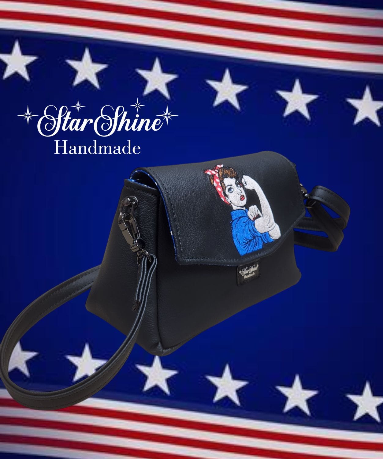 Rosie Riveter Crossbody. Side View.