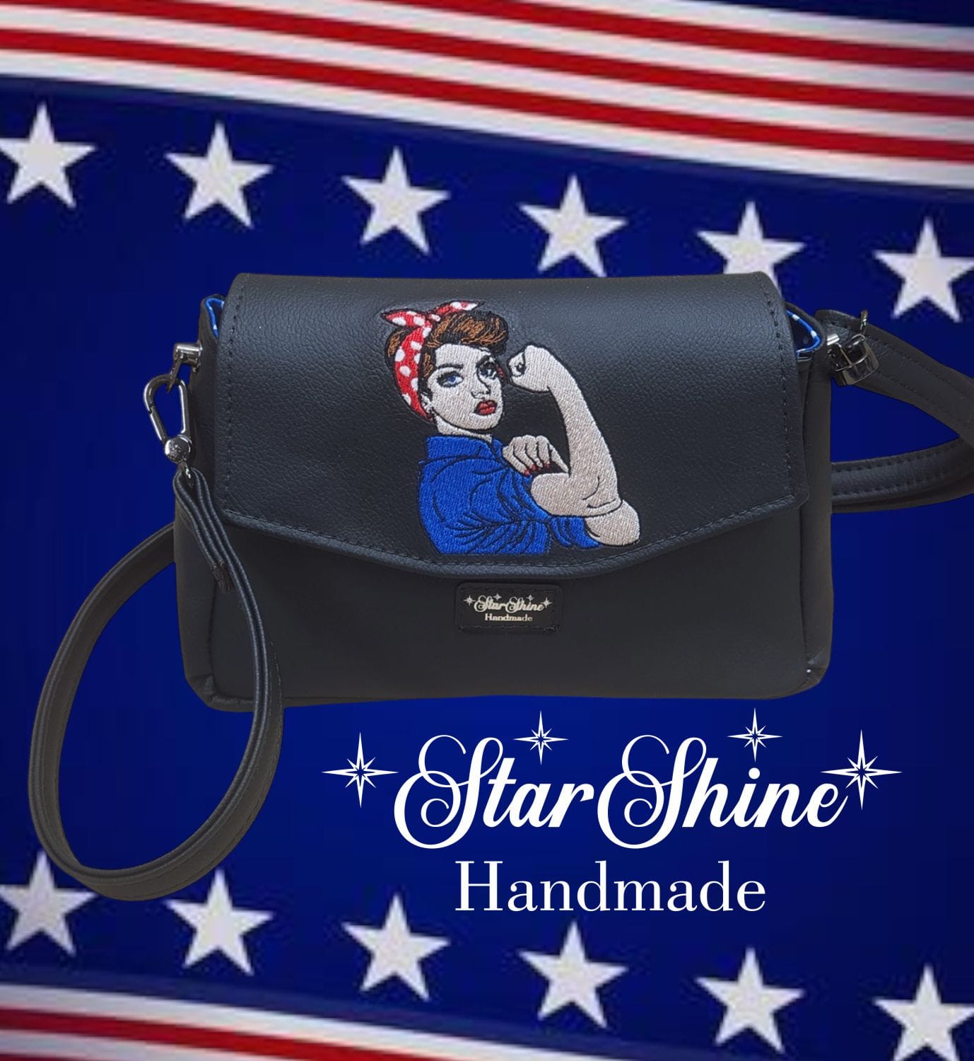 Rosie Riveter Crossbody. Front View.