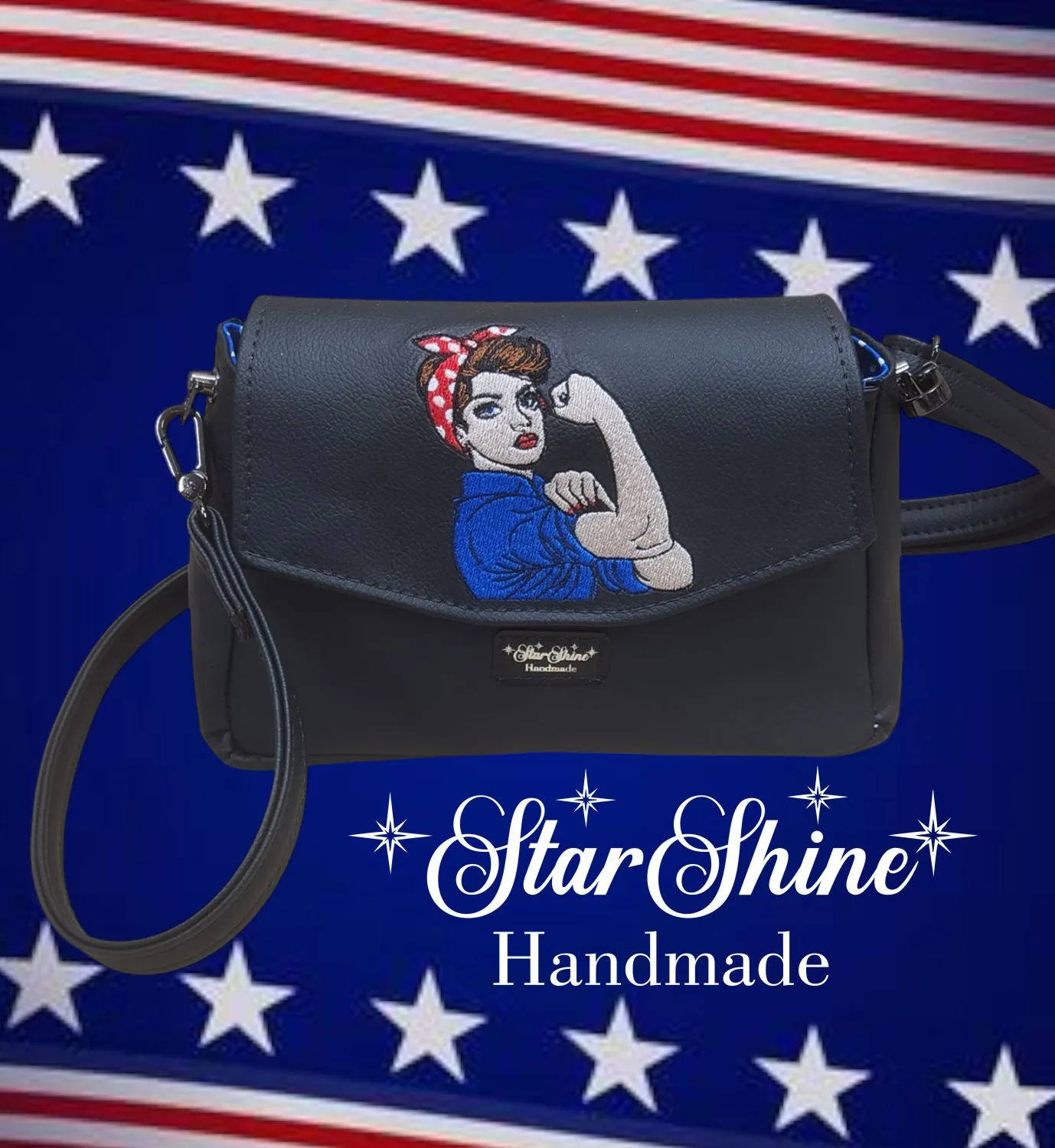 Rosie Riveter Crossbody. Front View.