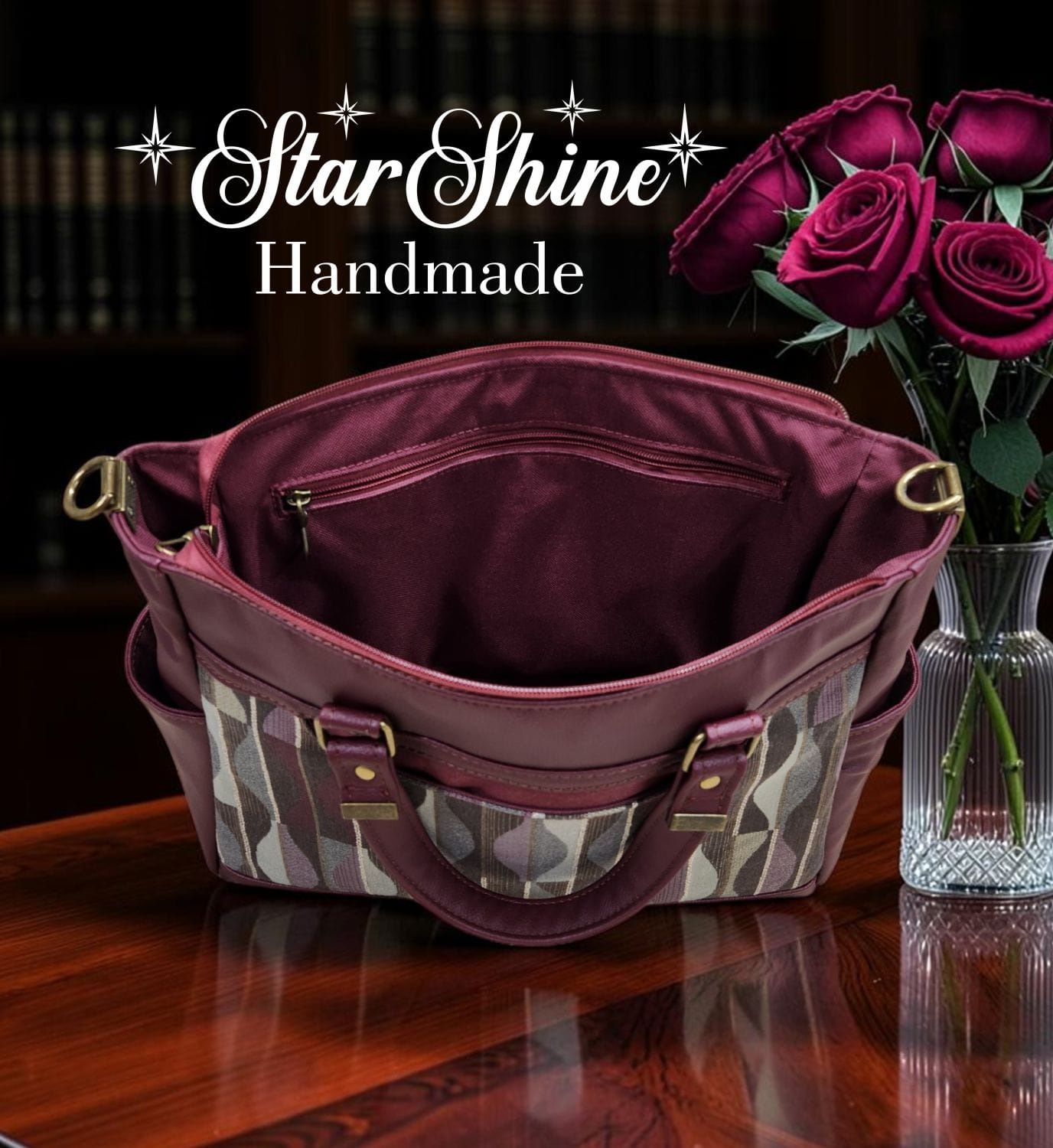 Burgundy Classic Tote. Interior View.