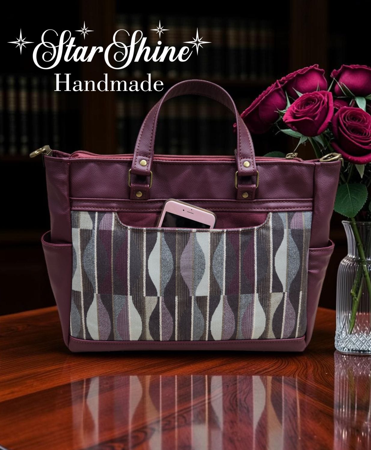 Burgundy Classic Tote. Rear View Showing Cell Phone Pocket.
