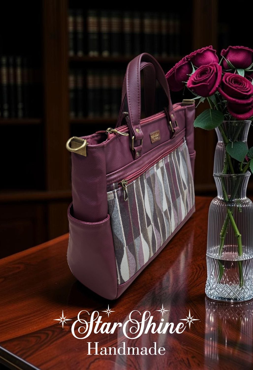 Burgundy Classic Tote. Side/Top View.