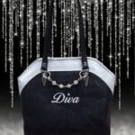 Custom Black and Bling Peaceful Bag. Front View. With custom "Diva" embroidery.
