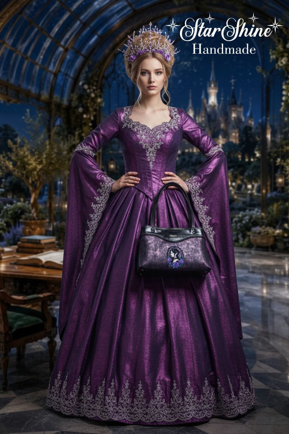 Purple Fairy Queen Sweetheart Bag. Front View. Worn by Model.