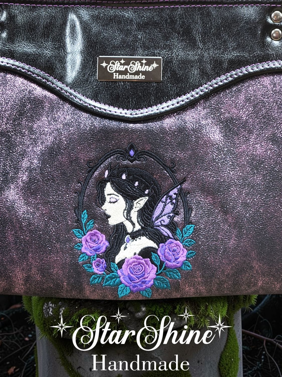 Purple Fairy Queen Sweetheart Bag. Front View. Embroidered Fairy.