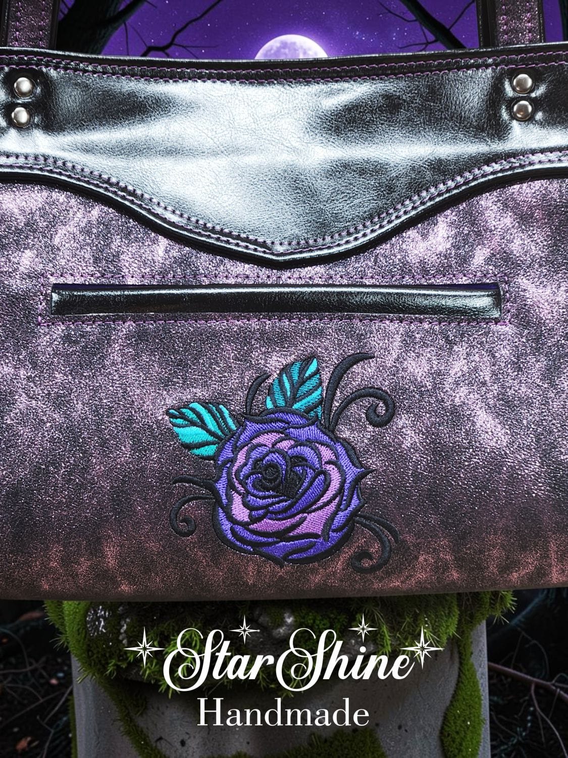 Purple Fairy Queen Sweetheart Bag. Rear View. Embroidered purple rose.