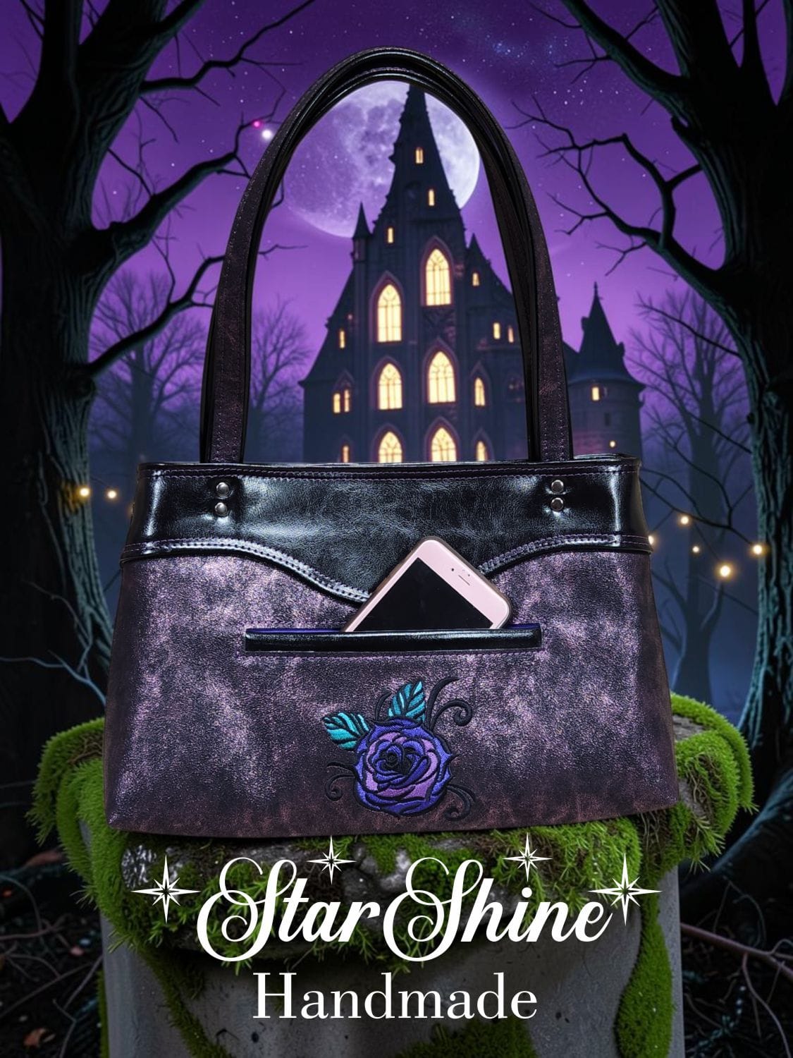 Purple Fairy Queen Sweetheart Bag. Rear View with cell phone pocket.