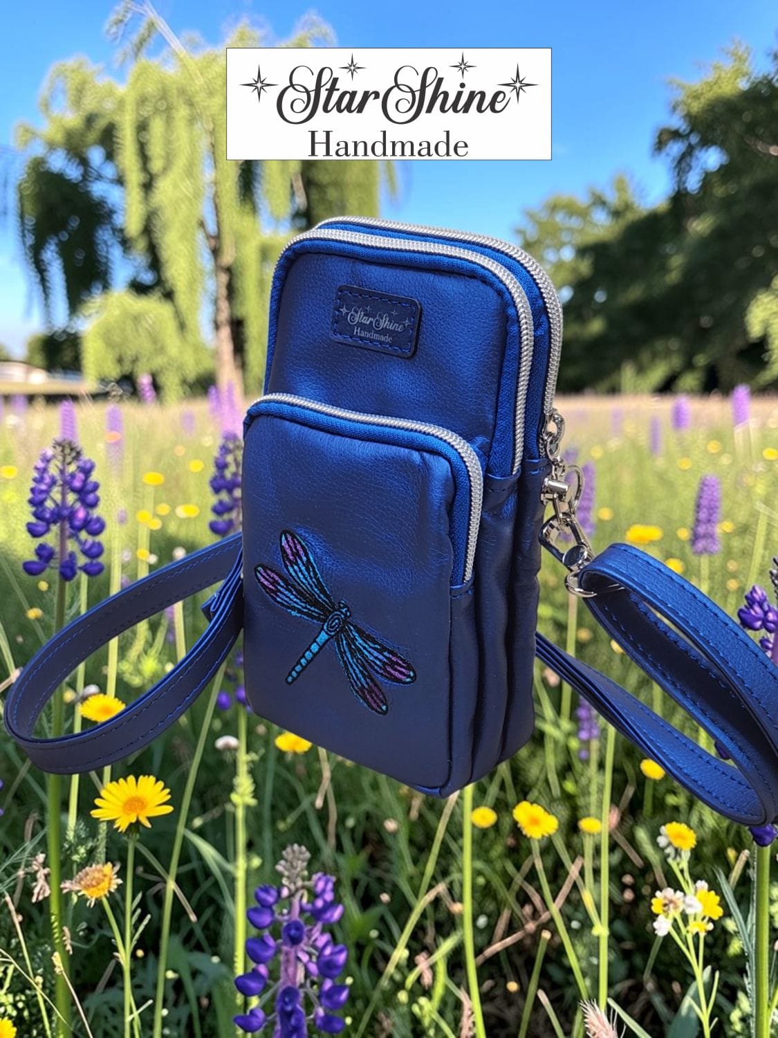 Dragonfly Triple-Zip Crossbody. Front/Side View.