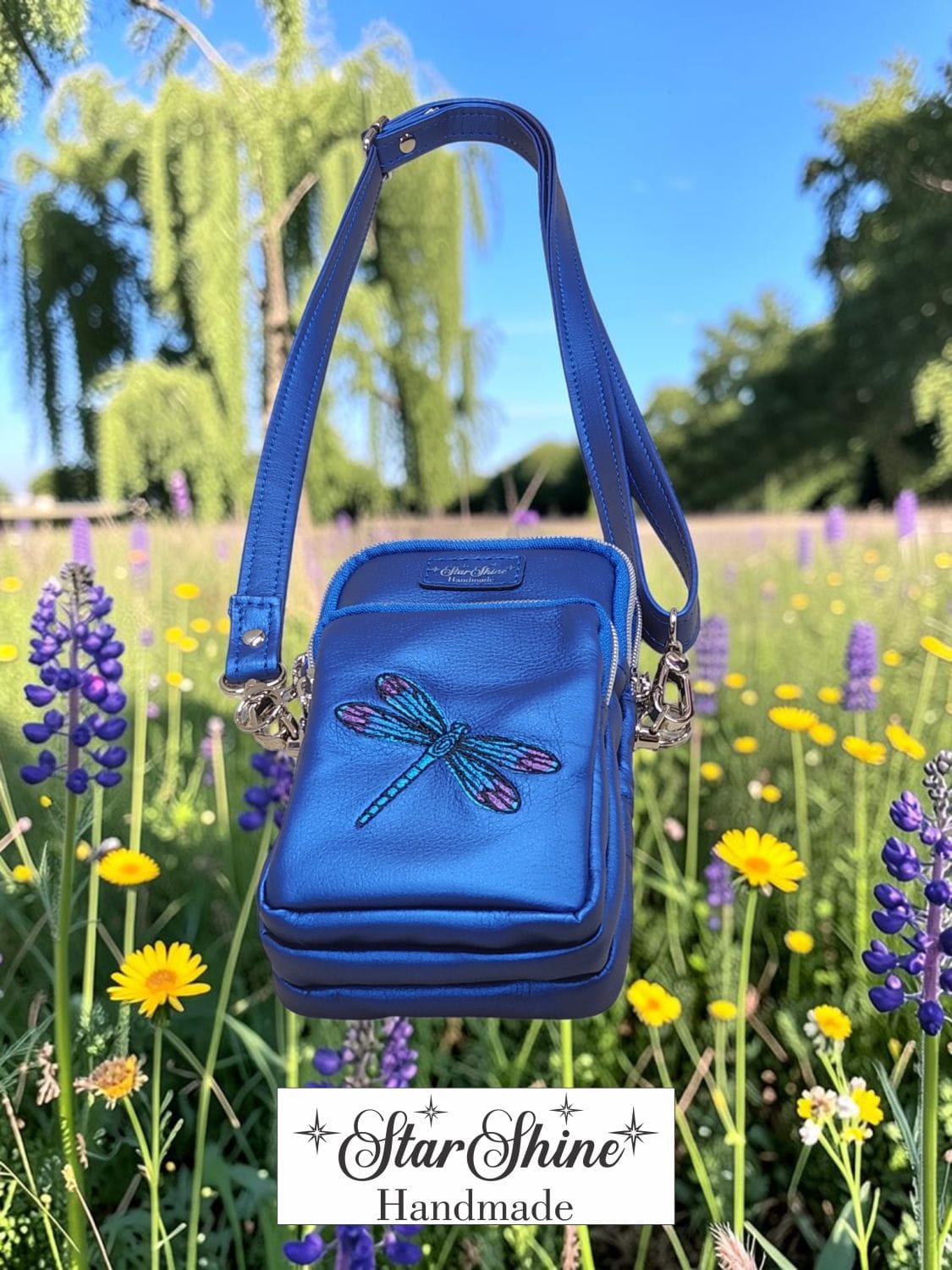 Dragonfly Triple-Zip Crossbody. Front/Bottom View.