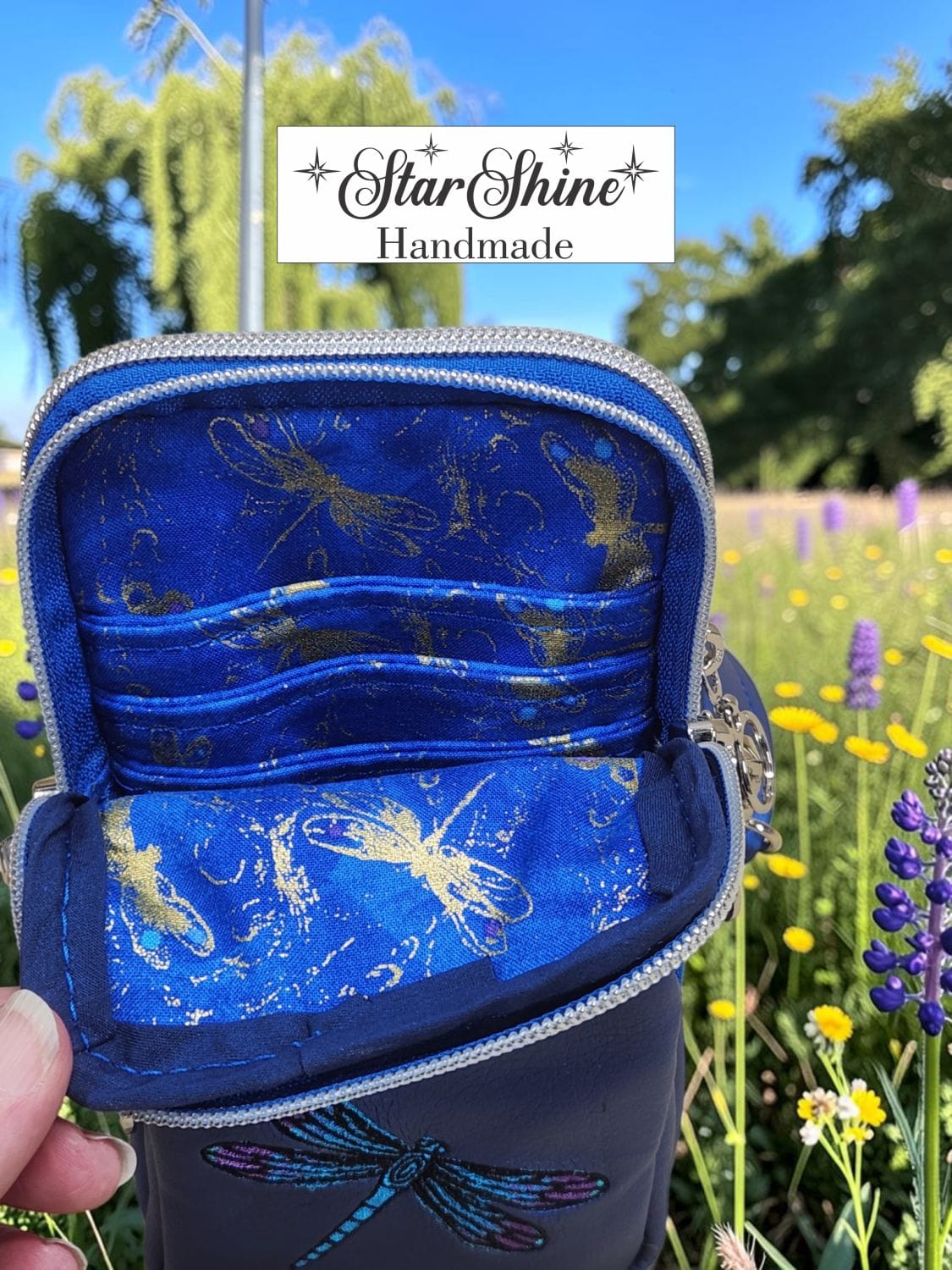Dragonfly Triple-Zip Crossbody. Interior View.