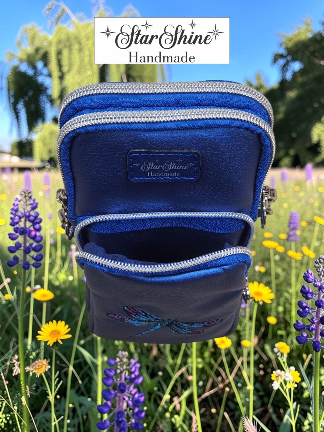 Dragonfly Triple-Zip Crossbody. Top View.