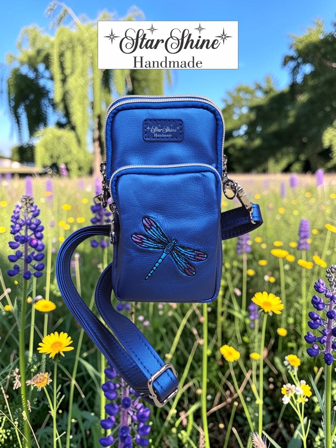Dragonfly Triple-Zip Crossbody. Front View.