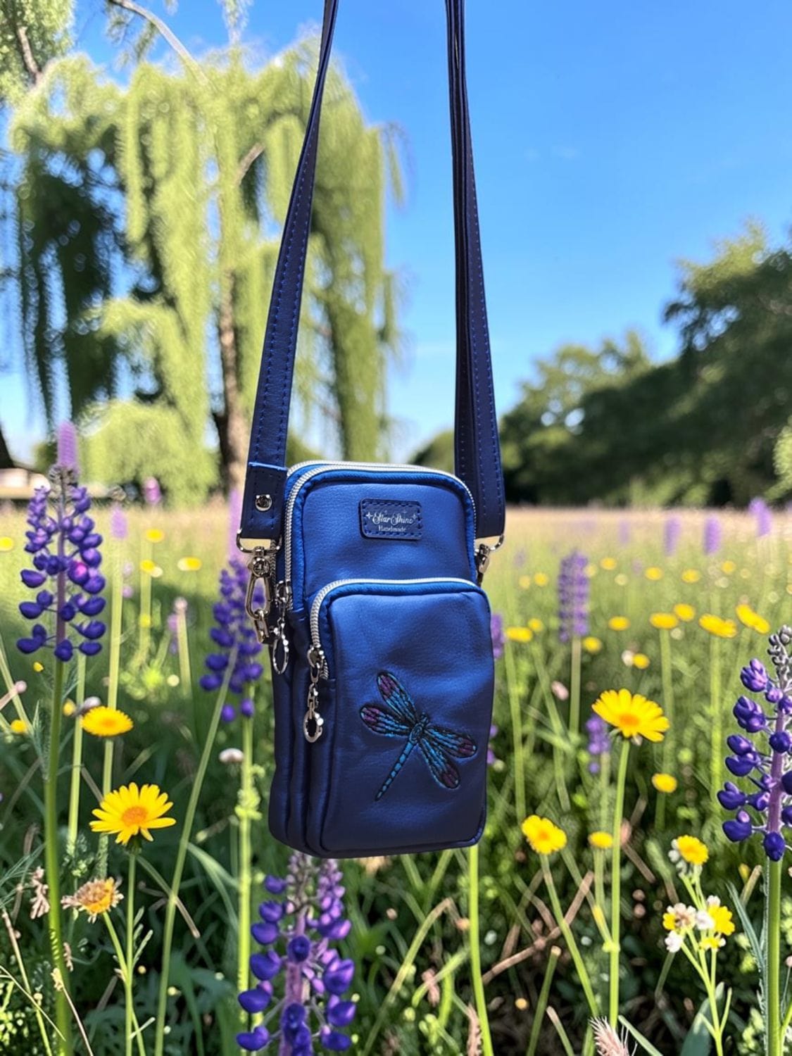 Dragonfly Triple-Zip Crossbody. Front View.