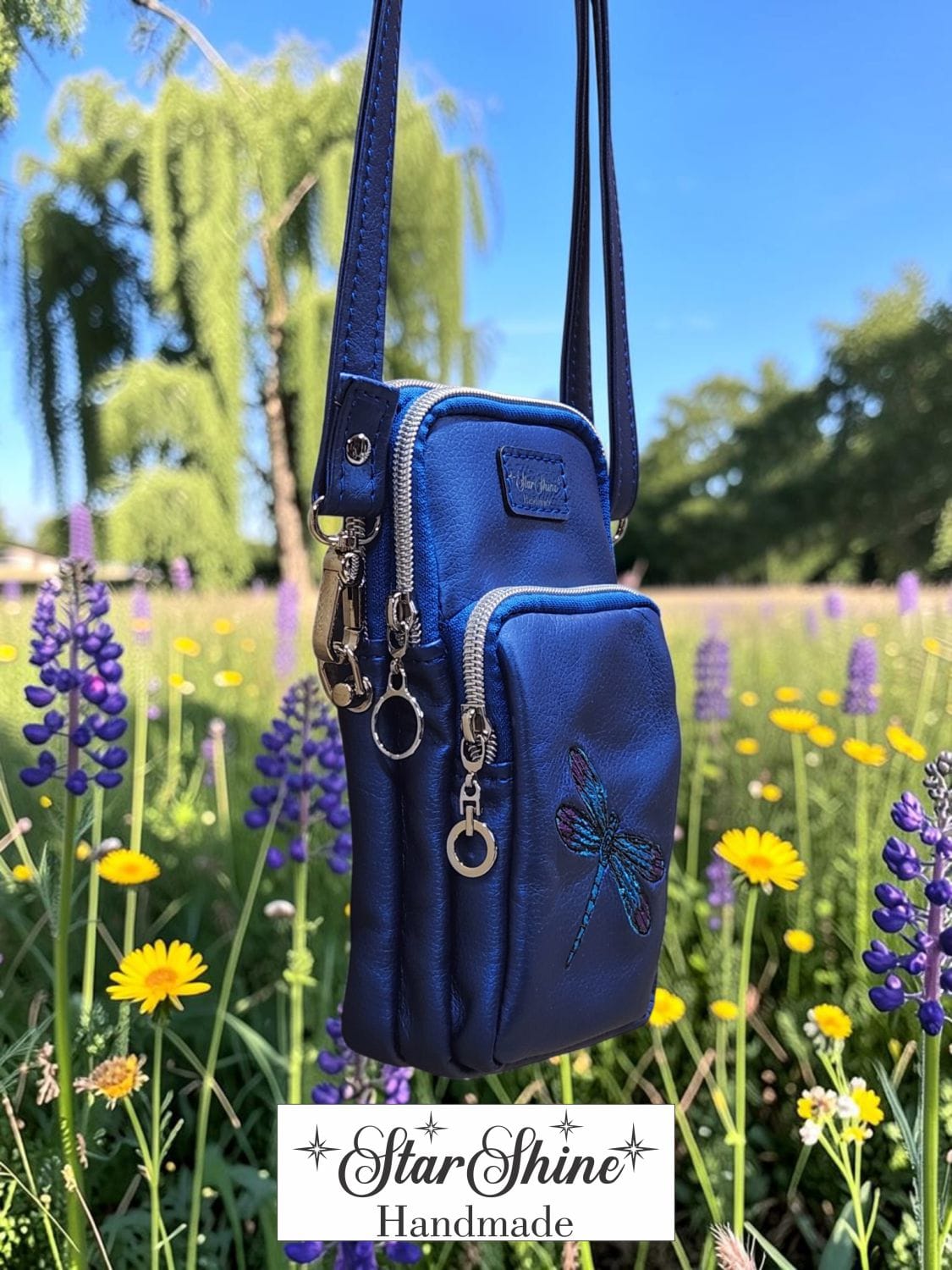 Dragonfly Triple-Zip Crossbody. Side/Front View.